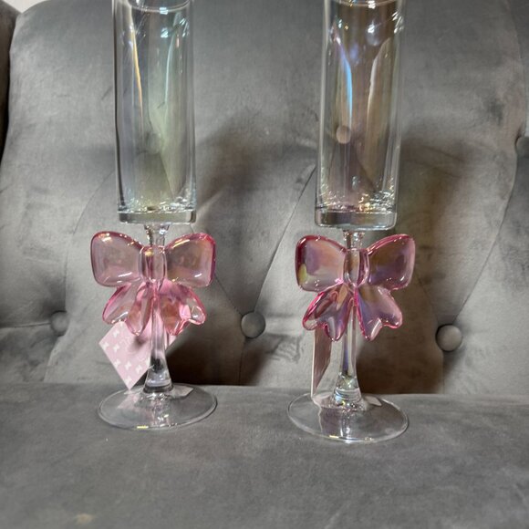 Petal & Pearl pink bow Iridescent Pastel Pale champagne Glass Set of 2 NWT - Picture 4 of 6